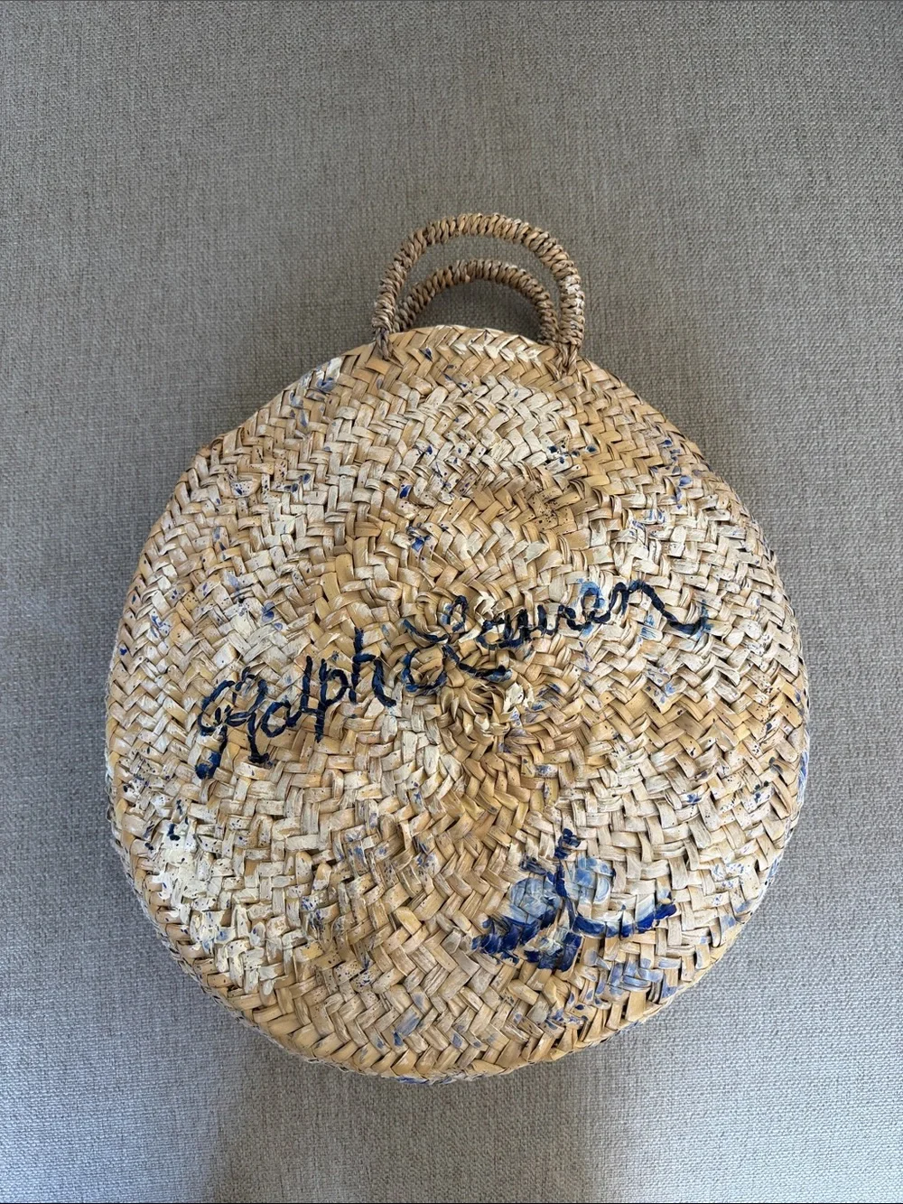 Ralph Lauren Natural Straw Round Tote with Navy Script